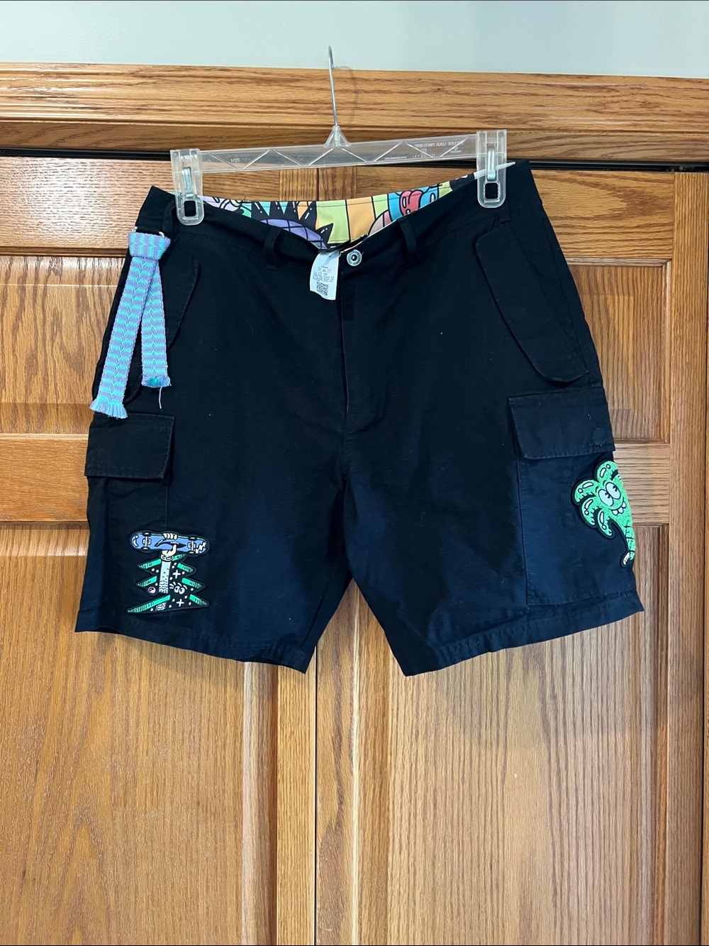 Steve Harrington Black Men's Cargo Shorts with Tropical Patch Accents